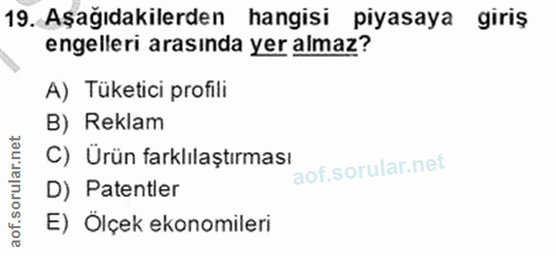 19. soru: Aşağıdakilerden hangisi piyasaya giriş engelleri arasinda yer almaz? A) Tüketici profili B) Reklam C) Ürün farklılaşt…