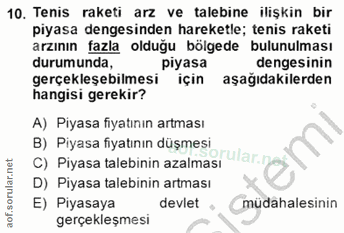10. soru: Tenis raketi arz ve talebine ilişkin bir piyasa dengesinden hareketle; tenis raketi arzının fazla olduğu bölgede bulu…