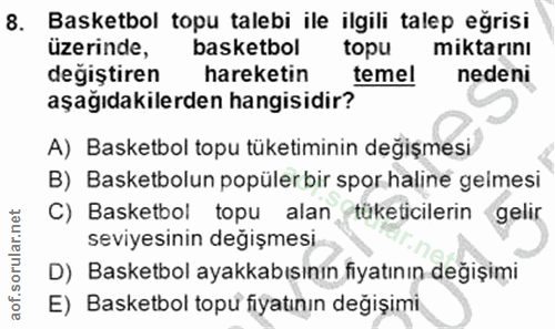 8. soru: Basketbol topu talebi ile ilgili talep eğrisi üzerinde, basketbol topu miktarinı değiştiren hareketin temel nedeni aş…