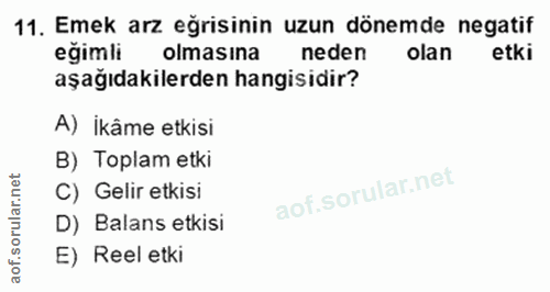 11. soru: Emek arz eğrisinin uzun dönemde negatif eğimli olmasına neden olan aşağıdakilerden hangisidir? A) ikâme etkisi B) Top…