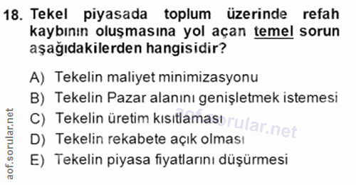 18. soru: Tekel piyasada toplum üzerinde refah kaybının oluşmasına yol açan temel sorun aşağıdakilerden hangisidir? A) Tekelin…