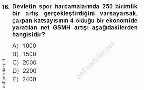 16. soru: Devletin spor harcamalarında 250 birimlik bir artış gerçekleştirdiğini varsayarsak, çarpan katsayısının 4 olduğu bir…