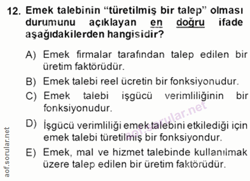 12. soru: Emek talebinin "türetilmiş bir talep" olması durumunu açıklayan en dogru ifade aşağıdakilerden hangisidir? A) Emek fi…