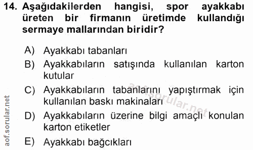 14. soru: Aşağıdakilerden hangisi, spor ayakkabı üreten bir firmanın üretimde kullandığı sermaye mallarından biridir? A). Ayakk…