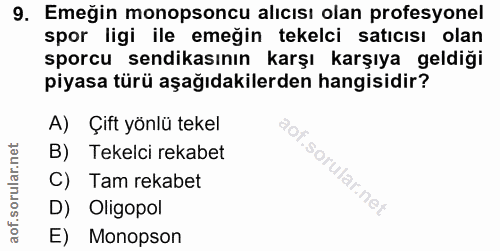 9. soru: Emeğin monopsoncu alıcısı olan profesyonel spor ligi ile emeğin tekelci satıcısı olan sporcu sendikasının karşı karşı…