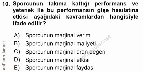 10. soru: Sporcunun takıma kattığı performans ve yetenek ile bu performansın gişe hasılatına etkisi aşağıdaki kavramlardan hang…