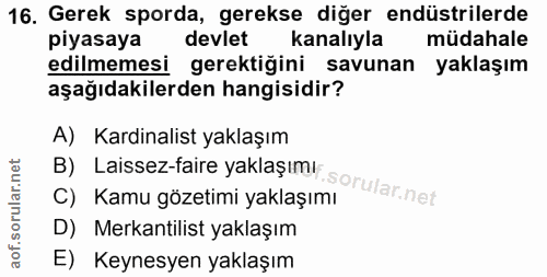 16. soru: Gerek sporda, gerekse diğer endüstrilerde piyasaya devlet kanalıyla müdahale edilmemesi gerektiğini savunan yaklaşım…