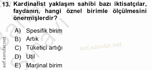13. soru: Kardinalist yaklaşım sahibi bazı iktisatçılar, faydanın, hangi öznel birimle ölçülmesini önermişlerdir? A) Spesifik b…