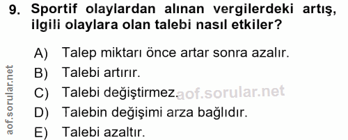 9. soru: Sportif olaylardan alınan vergilerdeki artış, ilgili olaylara olan talebi nasıl etkiler? A) Talep miktarı önce artar…