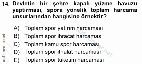 14. soru: Devletin bir şehre kapalı yüzme havuzu yaptırması, spora yönelik toplam harcama unsurlarından hangisine örnektir? A)…