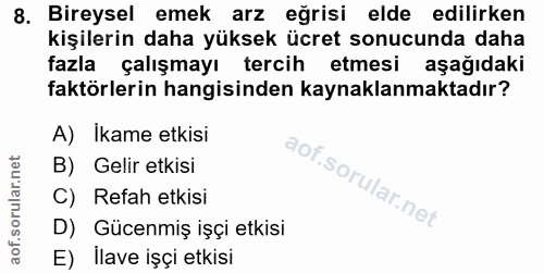 8. soru: Bireysel emek arz eğrisi elde edilirken kişilerin daha yüksek ücret sonucunda daha fazla çalışmayı tercih etmesi | aş…