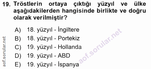 19. soru: Tröstlerin ortaya çıktığı yüzyıl ve ülke aşağıdakilerden hangisinde birlikte ve doğru olarak verilmiştir? A) 18. yüzy…
