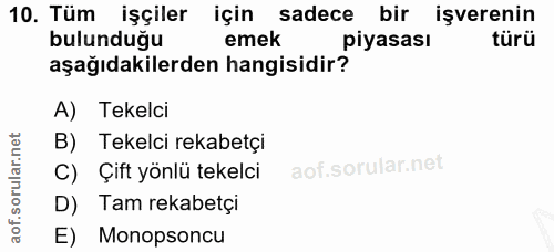 10. soru: Tüm işçiler için sadece bir işverenin bulunduğu emek piyasası türü aşağıdakilerden hangisidir? A) Tekelci B) Tekelci…