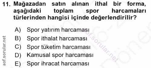 11. soru: Mağazadan satin alınan ithal bir forma, aşağıdaki toplam spor harcamaları türlerinden hangisi içinde değerlendirilir?…