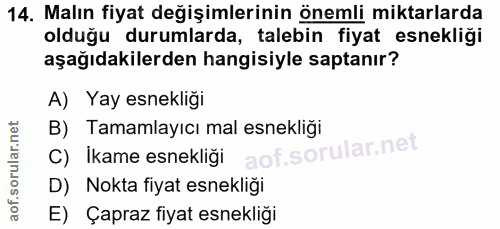14. soru: Malın fiyat değişimlerinin önemli miktarlarda olduğu durumlarda, talebin fiyat esnekliği aşağıdakilerden hangisiyle s…