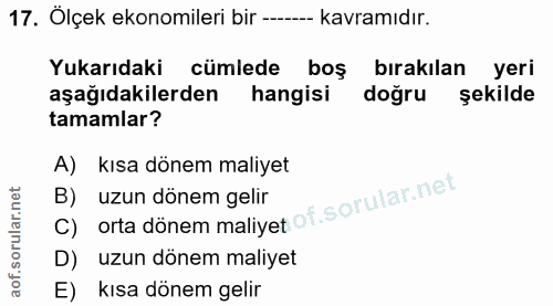 17. soru: Ölçek ekonomileri bir -..- kavramıdır. Yukarıdaki cümlede boş birakilan yeri aşağıdakilerden hangisi doğru şekilde ta…