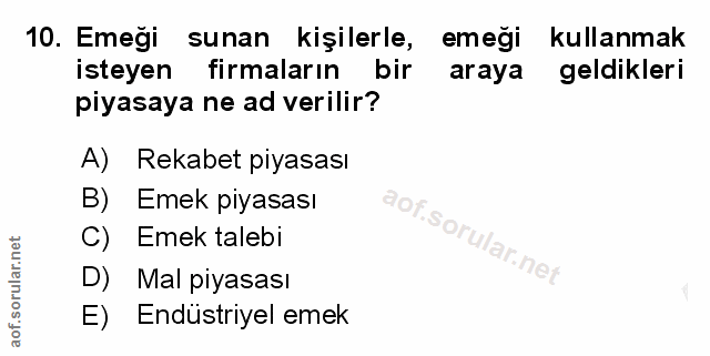10. soru: Emeği sunan kişilerle, emeği kullanmak isteyen firmaların bir araya geldikleri piyasaya ne ad verilir? A) Rekabet piy…