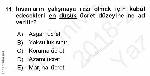 11. soru: Insanların çalışmaya razı olmak için kabul edecekleri en düşük ücret düzeyine ne ad verilir? A) Asgari ücret B) Yoksu…