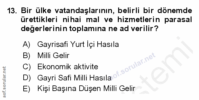 13. soru: Bir ülke vatandaşlarının, belirli bir dönemde ürettikleri nihai mal ve hizmetlerin parasal değerlerinin toplamına ne…