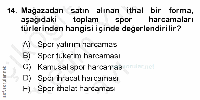 14. soru: Magazadan satın alınan ithal bir forma, aşağıdaki toplam spor harcamaları türlerinden hangisi içinde değerlendirilir?…