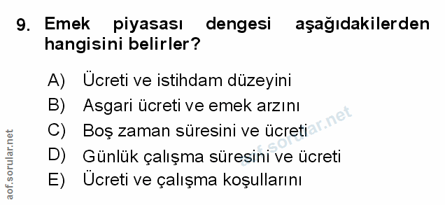 9. soru: Emek piyasası dengesi aşağıdakilerden hangisini belirler? A) Ucreti ve istihdam düzeyini B) Asgari ücreti ve emek arz…