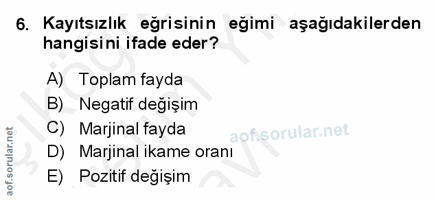 6. soru: Kayıtsızlık eğrisinin eğimi aşağıdakilerden hangisini ifade eder? A) Toplam fayda B) Negatif değişim C) Marjinal fayd…
