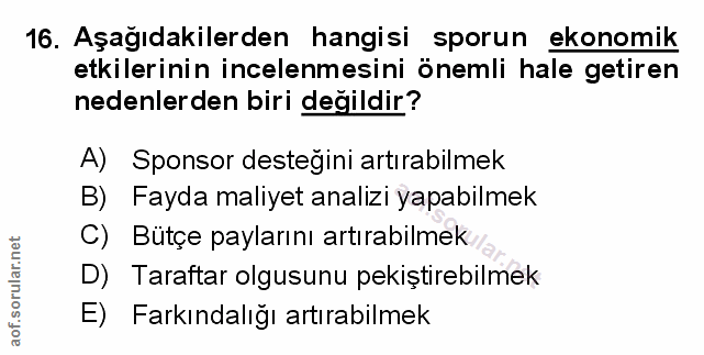 16. soru: Aşağıdakilerden hangisi sporun ekonomik etkilerinin incelenmesini önemli hale getiren nedenlerden biri değildir? A) S…