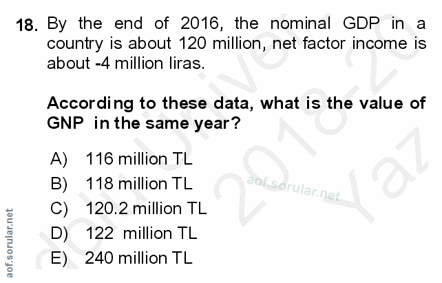 18. soru: By the end of 2016, the nominal GDP in country is about 120 million, net factor income is about -4 million liras. Acc…