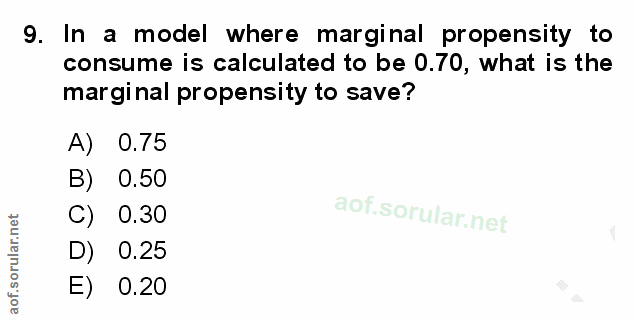 9. soru: In a model where marginal propensity to consume is calculated to be 0.70, what is the marginal propensity to save? A)…