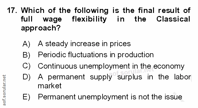 17. soru: Which of the following is the final result of Tull wage flexibility in the Classical approach? A) A steady increase i…