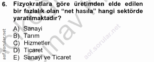 6. soru: Fizyokratlara göre üretimden elde edilen bir fazlalık olan "net hasıla" hangi sektörde yaratılmaktadır? A) Sanayi B)…