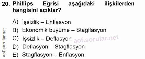20. soru: Phillips Eğrisi aşağıdaki ilişkilerden hangisini açıklar? A) İşsizlik - Enflasyon B) Ekonomik büyüme - Stagflasyon C)…