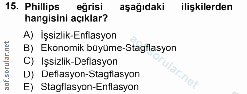 15. soru: Phillips egrisi aşağıdaki ilişkilerden hangisini açıklar? A) İşsizlik-Enflasyon B) Ekonomik büyüme-Stagflasyon C) İşs…