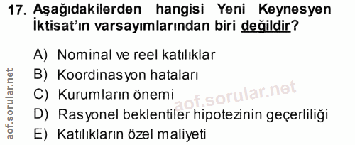 17. soru: Aşağıdakilerden hangisi Yeni Keynesyen İktisat'ın varsayımlarından biri değildir? A) Nominal ve reel katılıklar B) Ko…