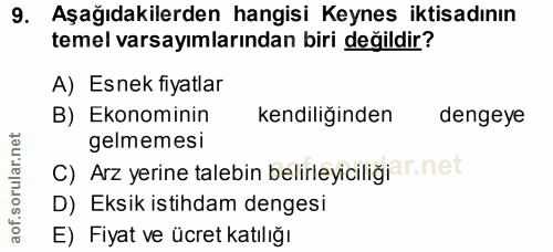 9. soru: Aşağıdakilerden hangisi Keynes iktisadının temel varsayımlarından biri değildir? A) Esnek fiyatlar B) Ekonominin kend…