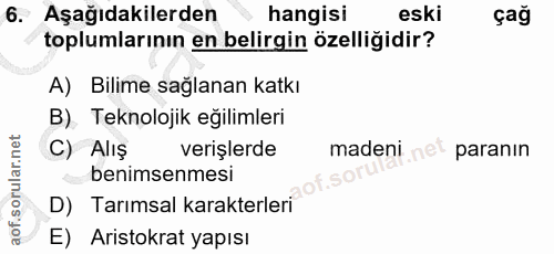 6. soru: Aşağıdakilerden hangisi eski çağ toplumlarının en belirgin özelliğidir? A) Bilime saglanan katkı B). Teknolojik eğili…