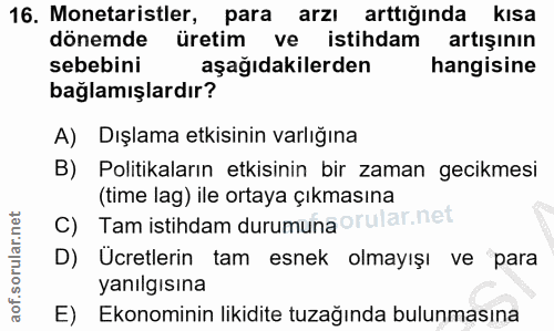 16. soru: Monetaristler, para arzı arttığında kısa dönemde üretim ve istihdam artışının sebebini aşağıdakilerden hangisine bağl…