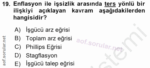 19. soru: Enflasyon ile işsizlik arasında ters yönlü bir ilişkiyi açıklayan kavram aşağıdakilerden hangisidir? A) Işgücü arz eğ…