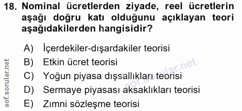 18. soru: Nominal ücretlerden ziyade, reel ücretlerin aşağı doğru katı olduğunu açıklayan teori aşağıdakilerden hangisidir? A)…