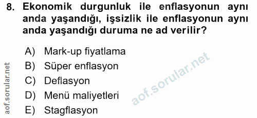 8. soru: Ekonomik durgunluk ile enflasyonun aynı anda yaşandığı, işsizlik ile enflasyonun aynı anda yaşandığı duruma ne ad ver…
