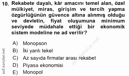 10. soru: Rekabete dayalı, kâr amacını temel alan, özel mülkiyet, miras, girişim ve tercih yapma özgürlüğünün güvence altına al…