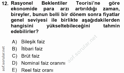 12. soru: Rasyonel Beklentiler Teorisi'ne göre ekonomide para arzl artırıldığı zaman, bireyler, bunun belli bir dönem sonra fiy…