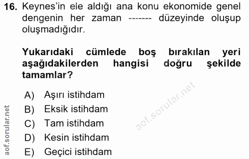 16. soru: Keynes'in ele aldığı ana konu ekonomide genel dengenin her zaman ... -- düzeyinde oluşup oluşmadığıdır. Yukarıdaki cü…