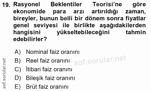 19. soru: Rasyonel Beklentiler Teorisi'ne göre ekonomide para arzl artırıldığı zaman, bireyler, bunun belli bir dönem sonra fiy…