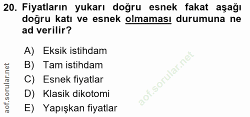 20. soru: Fiyatların yukarı doğru esnek fakat aşağı doğru katı ve esnek olmaması durumuna ne ad verilir? A) Eksik istihdam B) T…