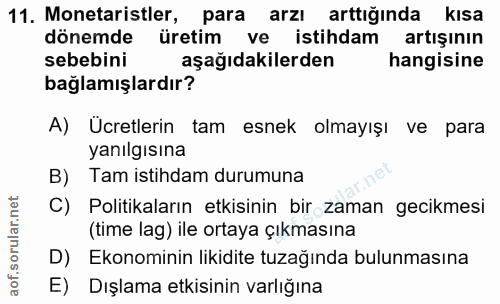 11. soru: Monetaristler, para arzı arttığında kısa dönemde üretim ve istihdam artışının sebebini aşağıdakilerden hangisine bağl…
