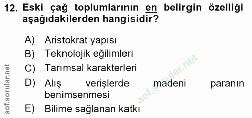 12. soru: Eski çağ toplumlarının en belirgin özelliği aşağıdakilerden hangisidir? A) Aristokrat yapısı B) Teknolojik eğilimleri…