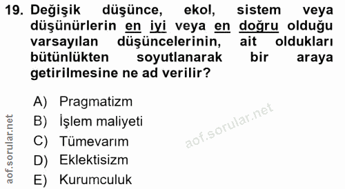 19. soru: Değişik düşünce, ekol, sistem veya düşünürlerin en iyi veya en doğru olduğu varsayılan düşüncelerinin, ait oldukları…