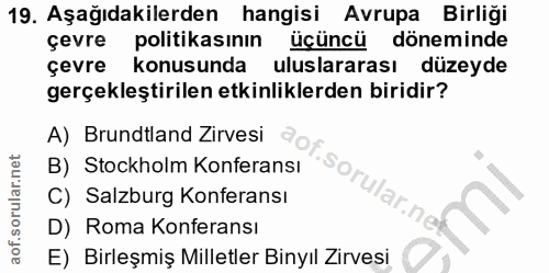 19. soru: Aşağıdakilerden hangisi Avrupa Birliği çevre politikasının üçüncü döneminde çevre konusunda uluslararası düzeyde gerç…