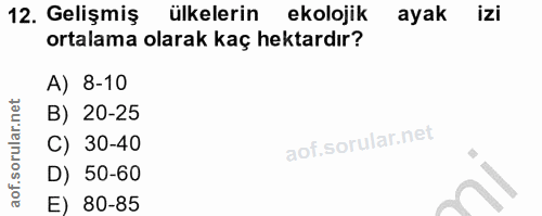 12. soru: Gelişmiş ülkelerin ekolojik ayak izi ortalama olarak kaç hektardır? A) 8-10 B) 20-25 C) 30-40 D) 50-60 E) 80-85